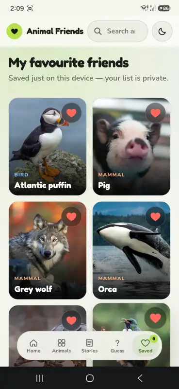 Animal Friends saved favourites