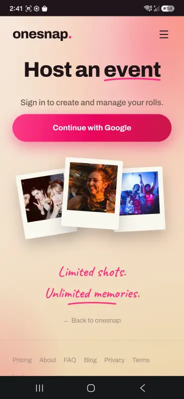 onesnap host an event screen